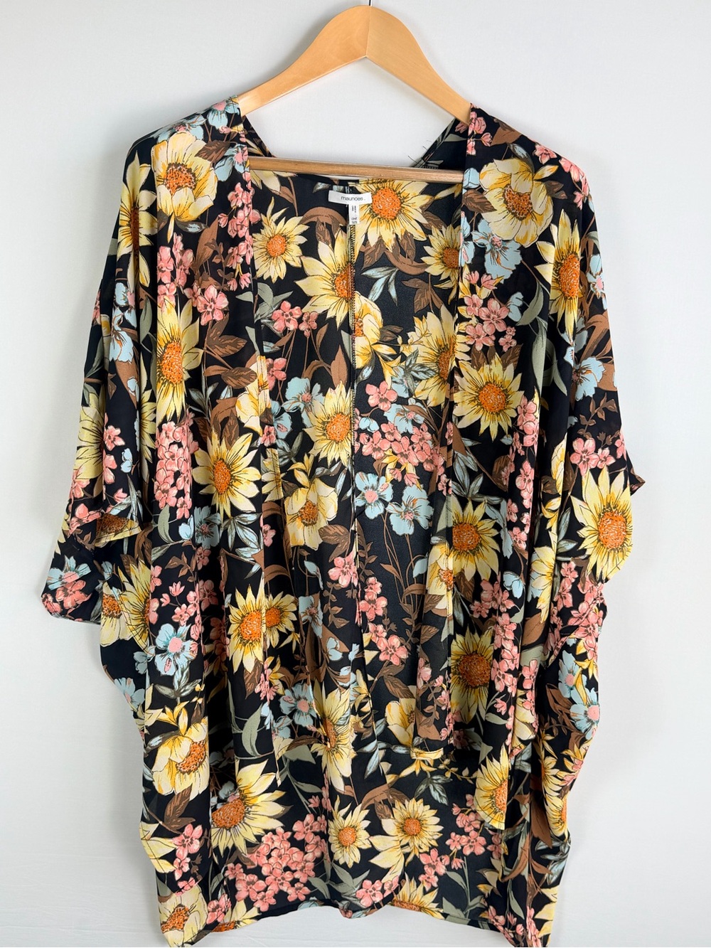 Maurices One Size Black Floral Kimono Duster Cardigan Boho Sunflower